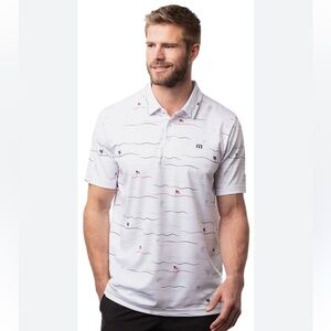 Travis Mathew Fireworks Flag White Polo with Navy & Red Nautical Motif